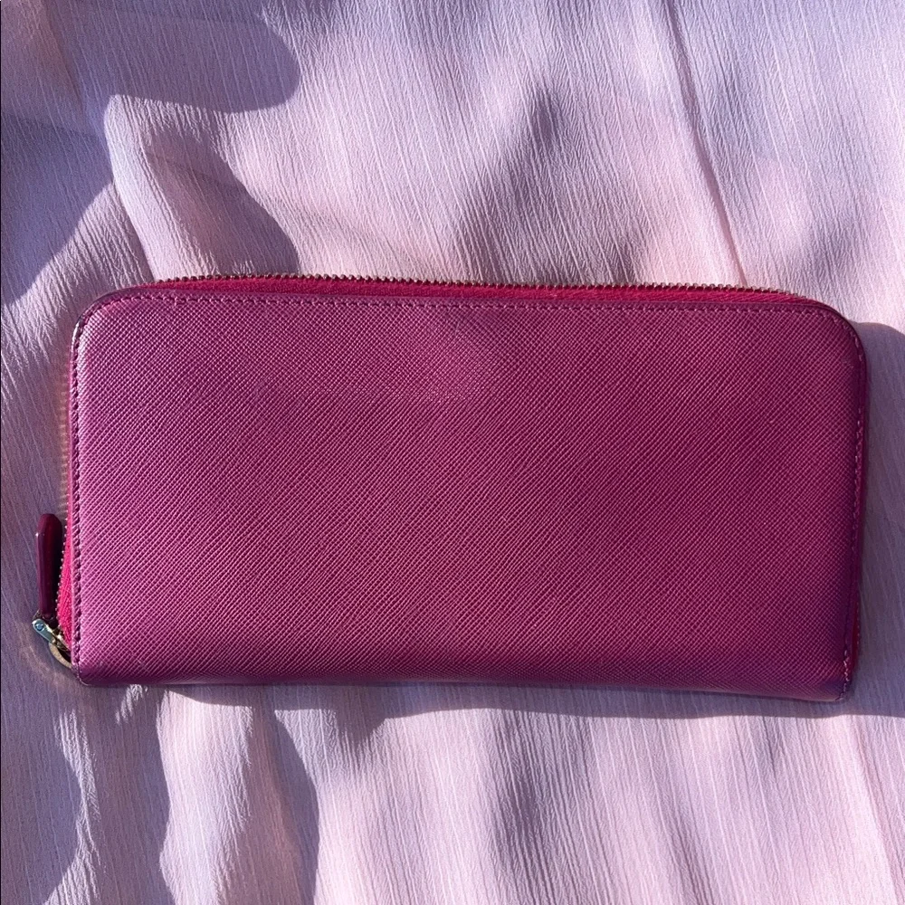 Prada Pink Fuchsia Bow Saffiano Leather  Zippy Wallet